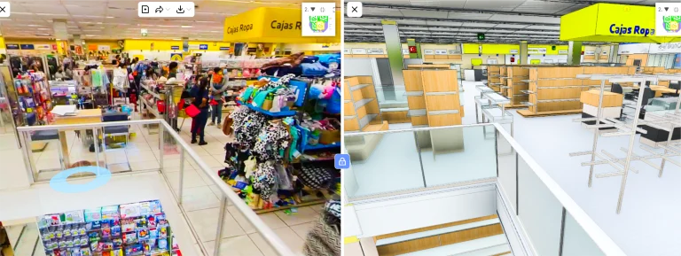 Imagen dividida que muestra una concurrida Tienda Coppel Brisas a la izquierda, con clientes y artículos expuestos, y un modelo digital 3D de la misma tienda a la derecha, vacía y llena de estanterías