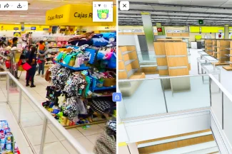 Vista dividida de una tienda de ropa: el lado izquierdo muestra una concurrida Tienda Coppel Brisas con compradores; el lado derecho muestra un escaneo digital en 3D de la misma tienda, casi vacía con estanterías. Ambos lados muestran carteles amarillos de Cajas.
