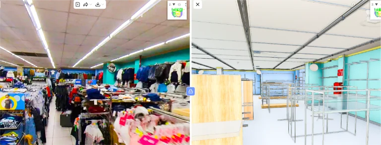 Imagen dividida: La izquierda muestra una tienda de ropa abarrotada, de la Tienda Coppel Brisas; la derecha muestra un modelo BIM de un espacio comercial vacío similar, con estanterías y estantes, pero sin productos