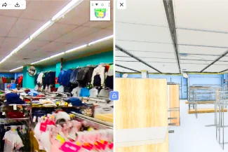 Imágenes en paralelo: a la izquierda, una Tienda Coppel Brisas abarrotada con estanterías llenas de ropa; a la derecha, la misma tienda después del escaneo, con estanterías vacías y estanterías sin mercancía ni clientes.
