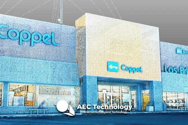 Nube de puntos del exterior de una Tienda Coppel Brisas con grandes carteles azules. La entrada está centrada y en los carteles adyacentes se lee Coppel y Los Brisos. En la parte inferior se superpone un logotipo de AEC Technology Escaneo.