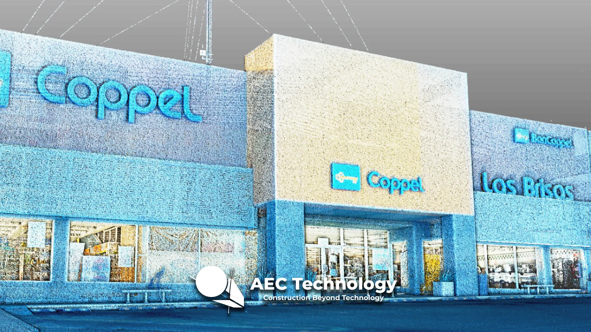Nube de puntos del exterior de una Tienda Coppel Brisas con grandes carteles azules. La entrada está centrada y en los carteles adyacentes se lee Coppel y Los Brisos. En la parte inferior se superpone un logotipo de AEC Technology Escaneo.