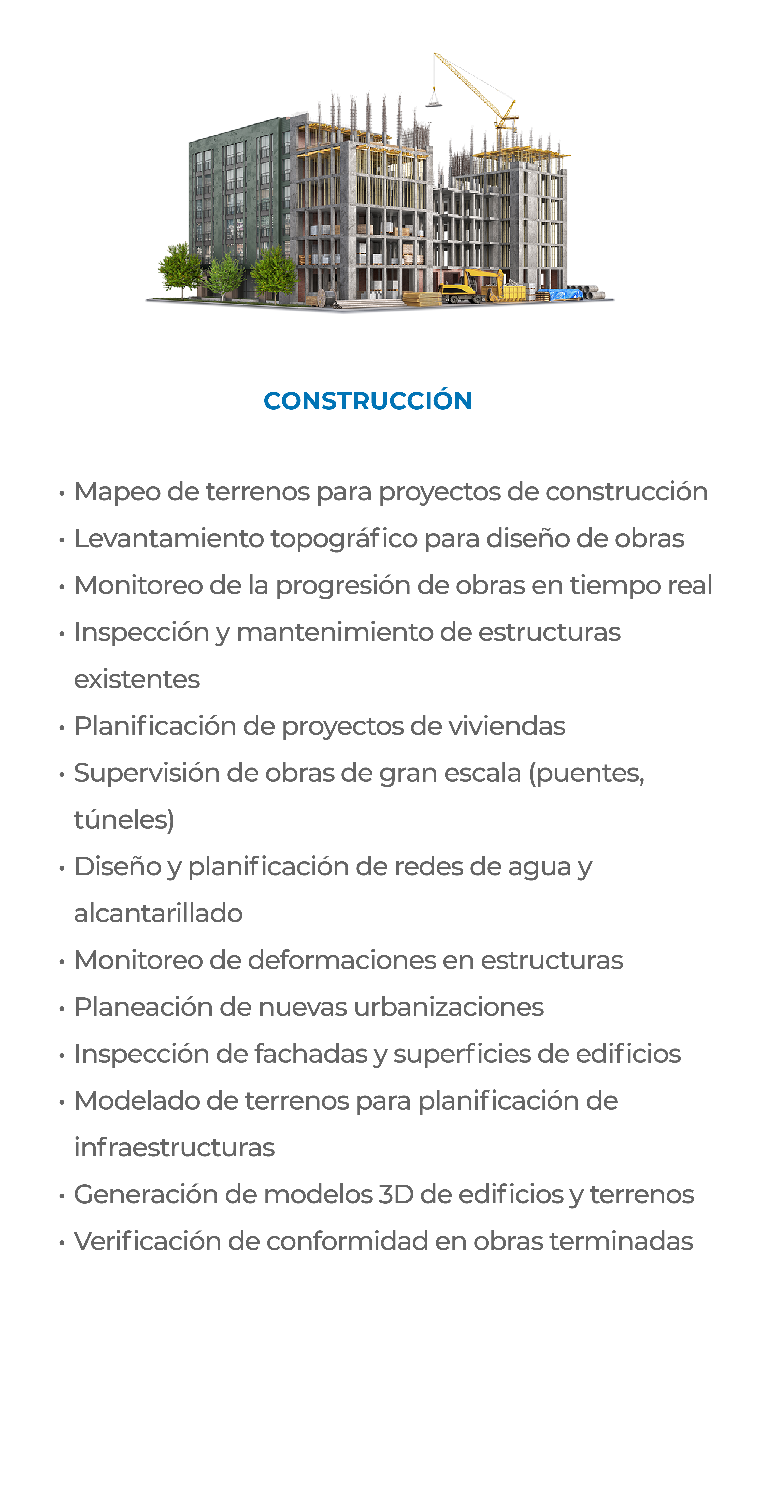Edificio en construcción al fondo con grúa amarilla; en primer plano, lista de servicios como mapeo de terrenos, inspección y modelado 3D, incluyendo Laser Scanner for Construction, destacados bajo el título “CONSTRUCCIÓN”.