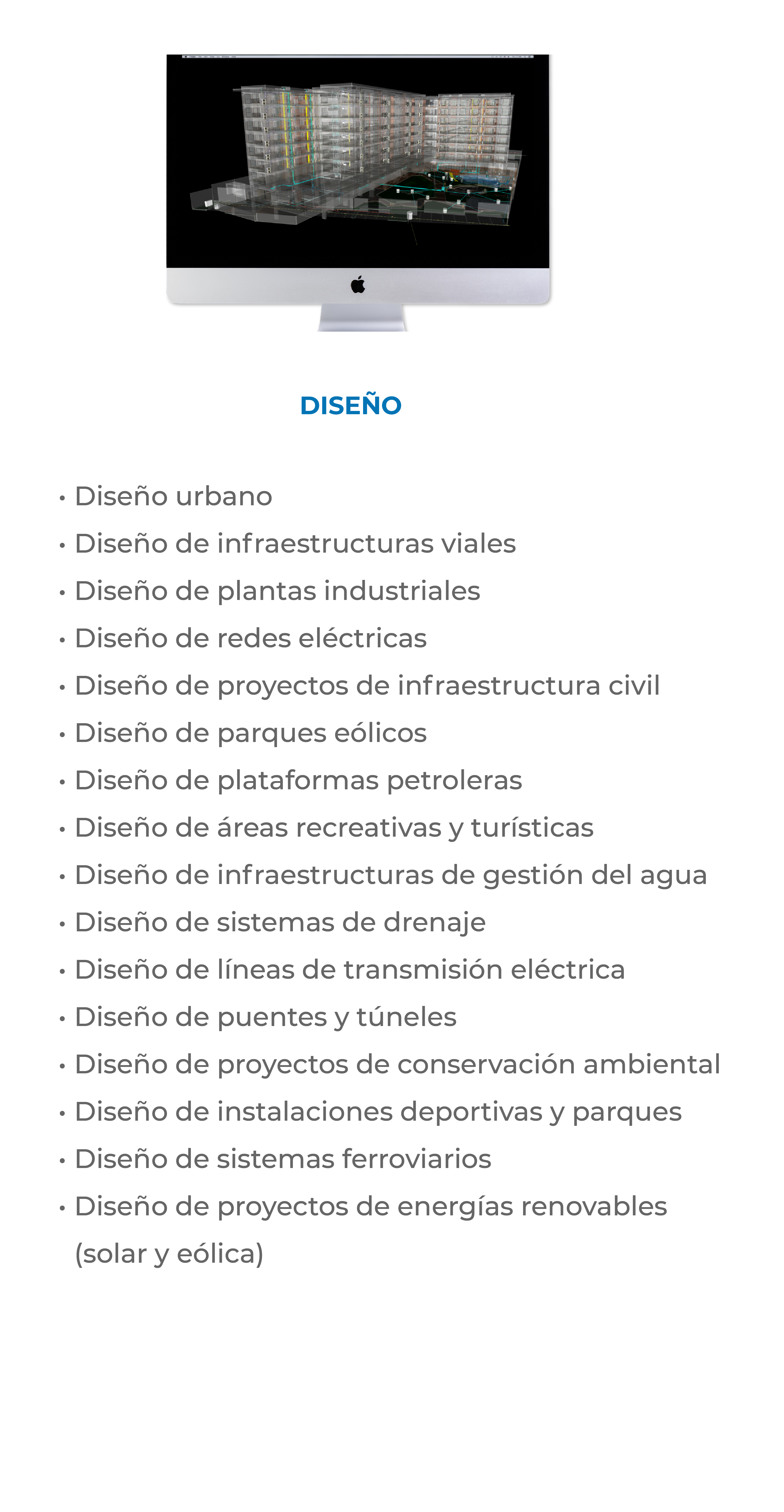 Un monitor de computadora muestra un modelo 3D de un edificio, probablemente creado con un escáner láser para construcción. A continuación, se detallan diferentes tipos de servicios de ingeniería y diseño de infraestructura, como proyectos urbanos, de transporte, energéticos y ambientales.