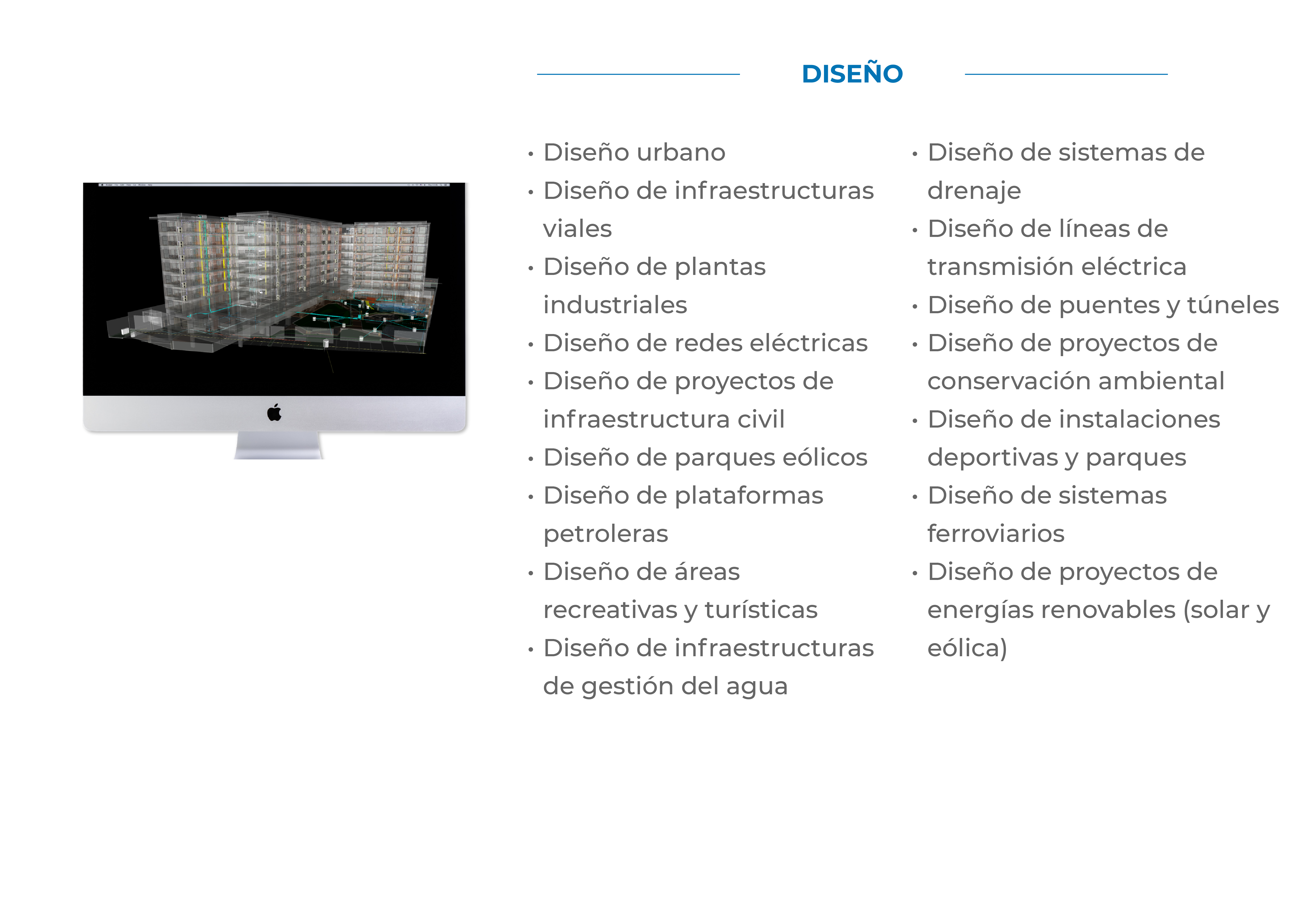 Un iMac muestra un modelo 3D de un edificio creado con Escáner Láser LiDAR para la Construcción. A la derecha, una lista detalla los servicios de diseño, incluidas infraestructuras urbanas, industriales, eléctricas y de energías renovables.