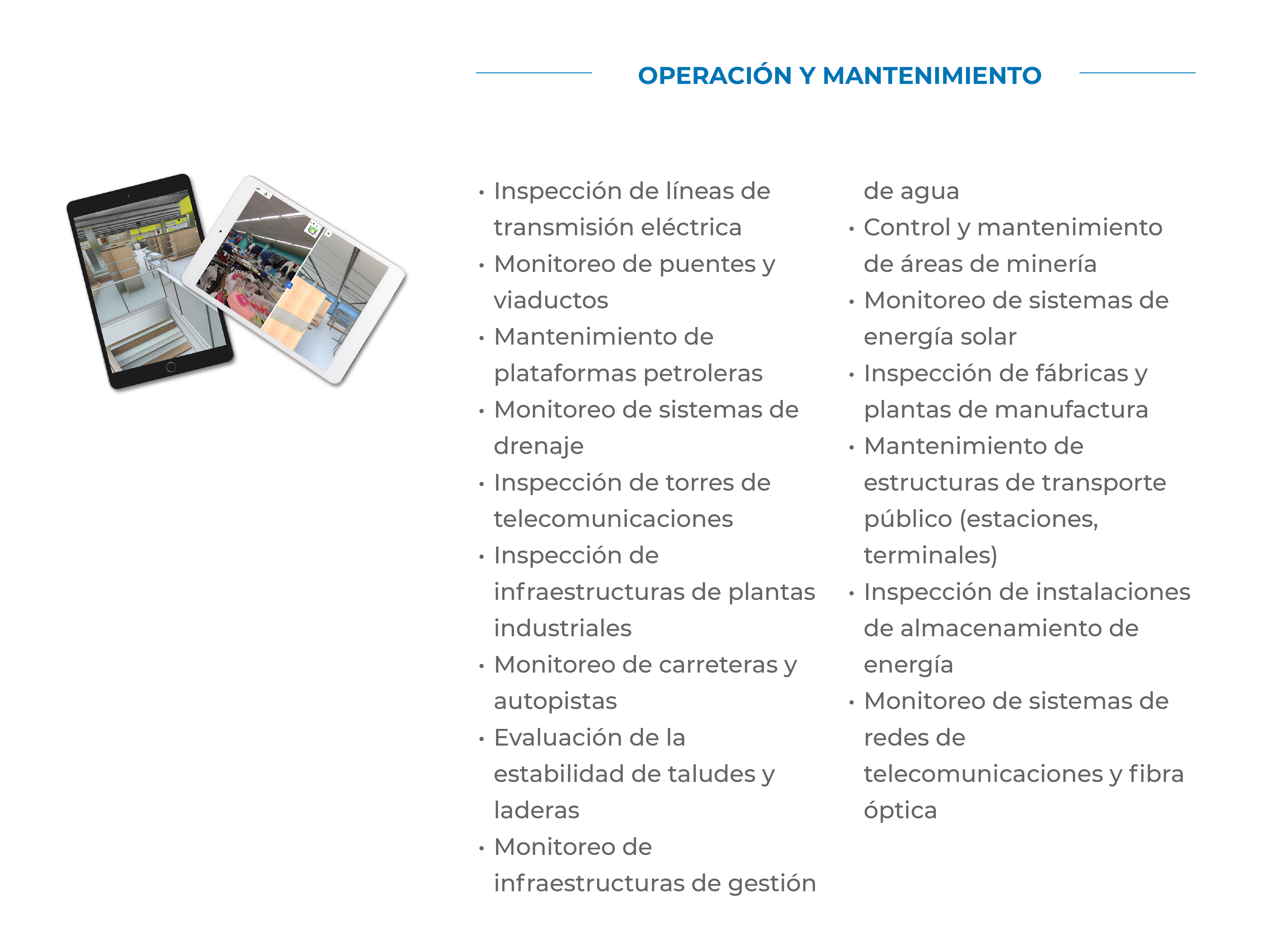 Dos imágenes superpuestas de tabletas se sitúan a la izquierda de una lista de servicios de operación y mantenimiento industrial en español, que incluye inspecciones, supervisión, mantenimiento y el uso de Escáner Láser LiDAR para la Construcción en diversos sectores de infraestructura.