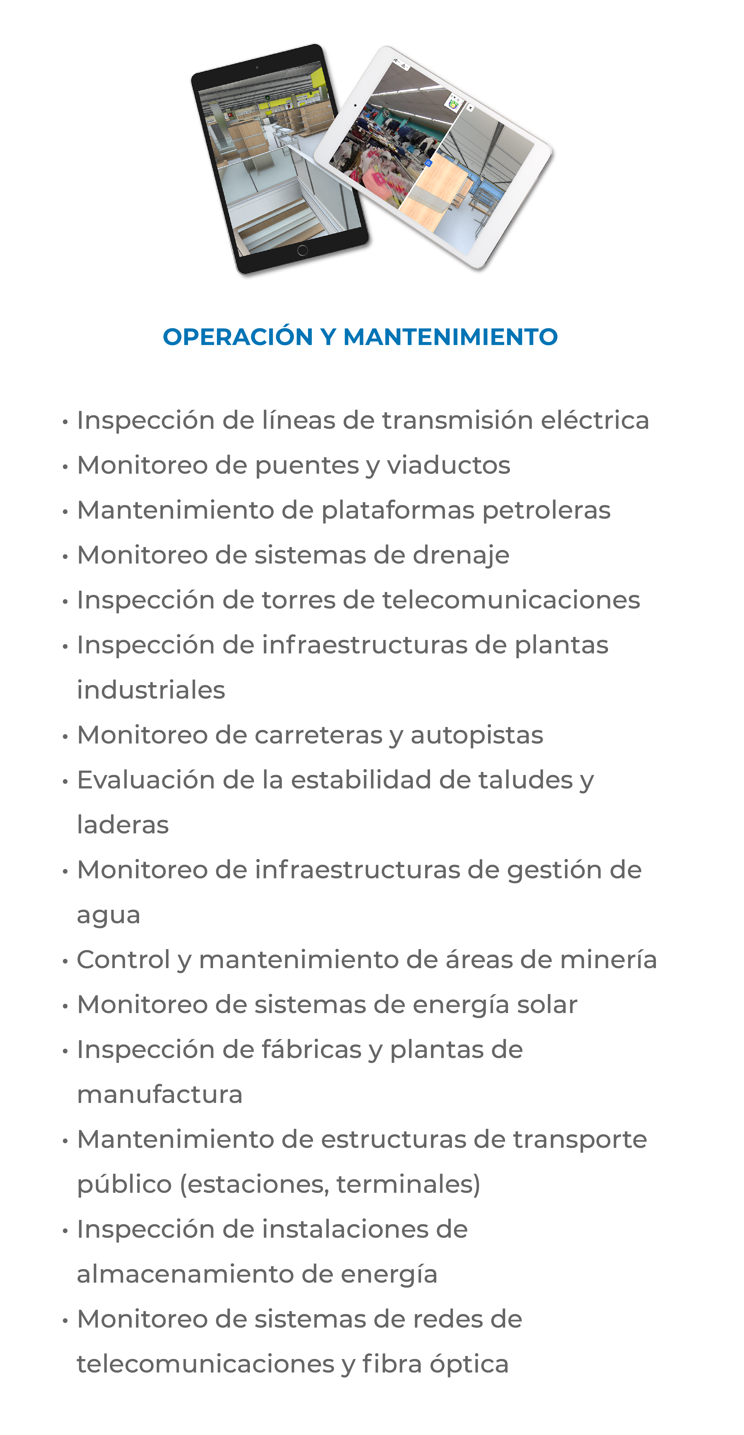 Dos teléfonos inteligentes que muestran fotos de la infraestructura están sobre una lista que detalla las tareas de operación y mantenimiento, incluidas las inspecciones con un escáner láser para la construcción, así como el monitoreo y las evaluaciones de los sistemas eléctricos, de transporte, de agua, de minería y de telecomunicaciones.