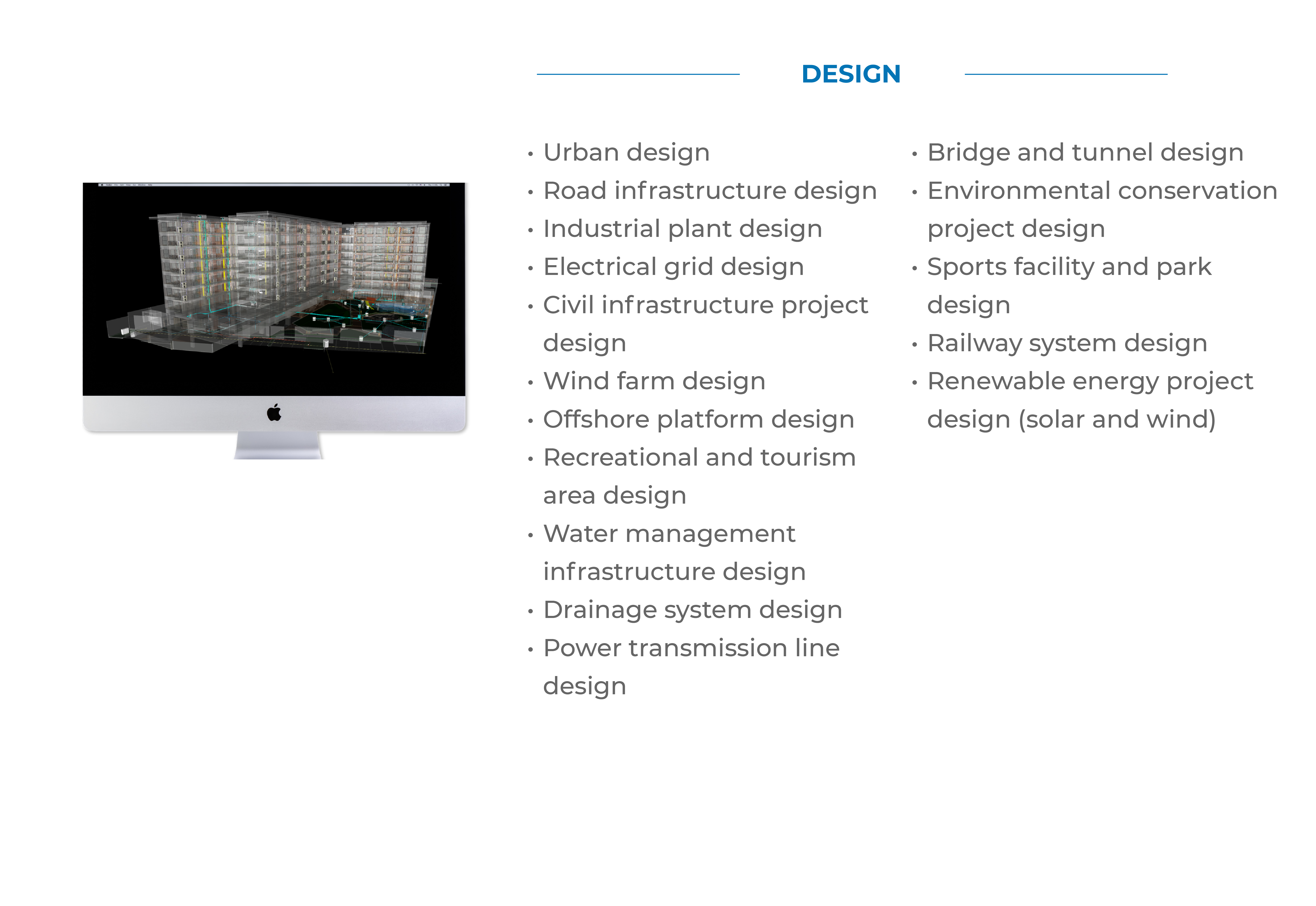 An iMac displays a 3D building model, captured with a laser scanner for construction, on the left. On the right, a list under DESIGN includes fields like urban design, wind farm design, drainage systems, railway design, and renewable energy projects.