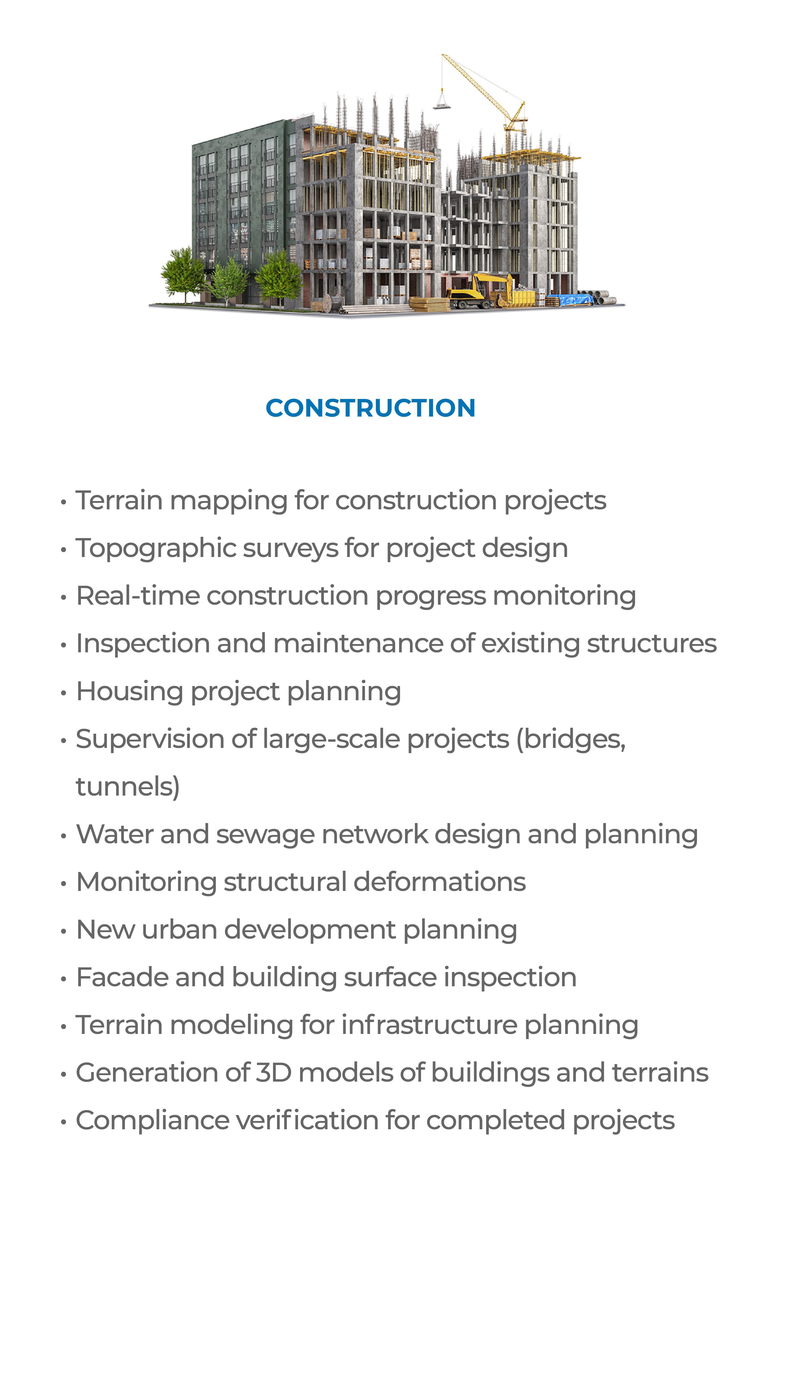 A multi-story building under construction with scaffolding, a crane above, and a list of services—including project design, progress monitoring, network design, and advanced solutions like Laser Scanner for Construction.
