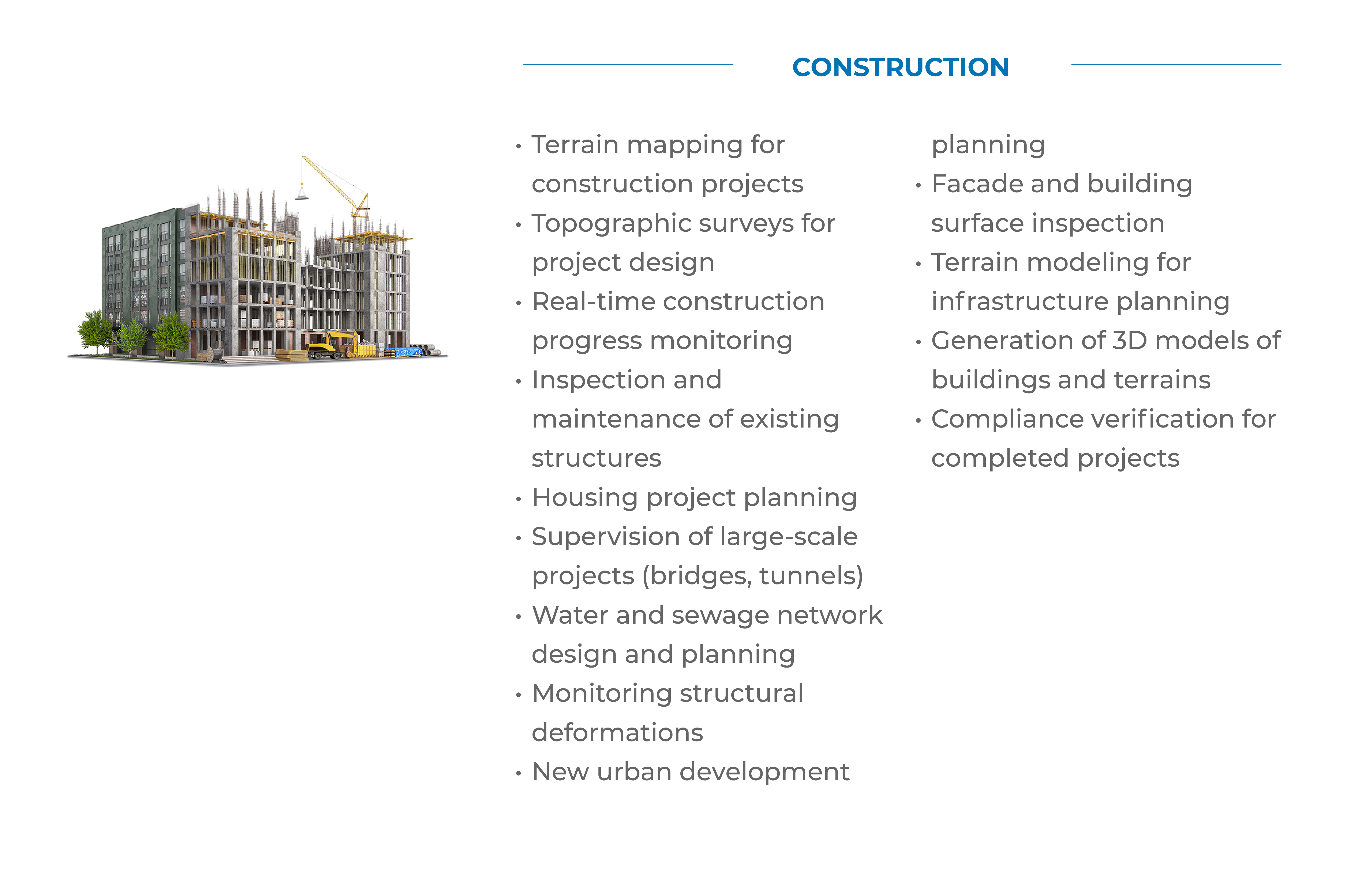 An illustrated partially constructed building with a crane, next to a list of construction-related services such as terrain mapping, progress monitoring, 3D modeling, and Laser Scanner for Construction solutions.