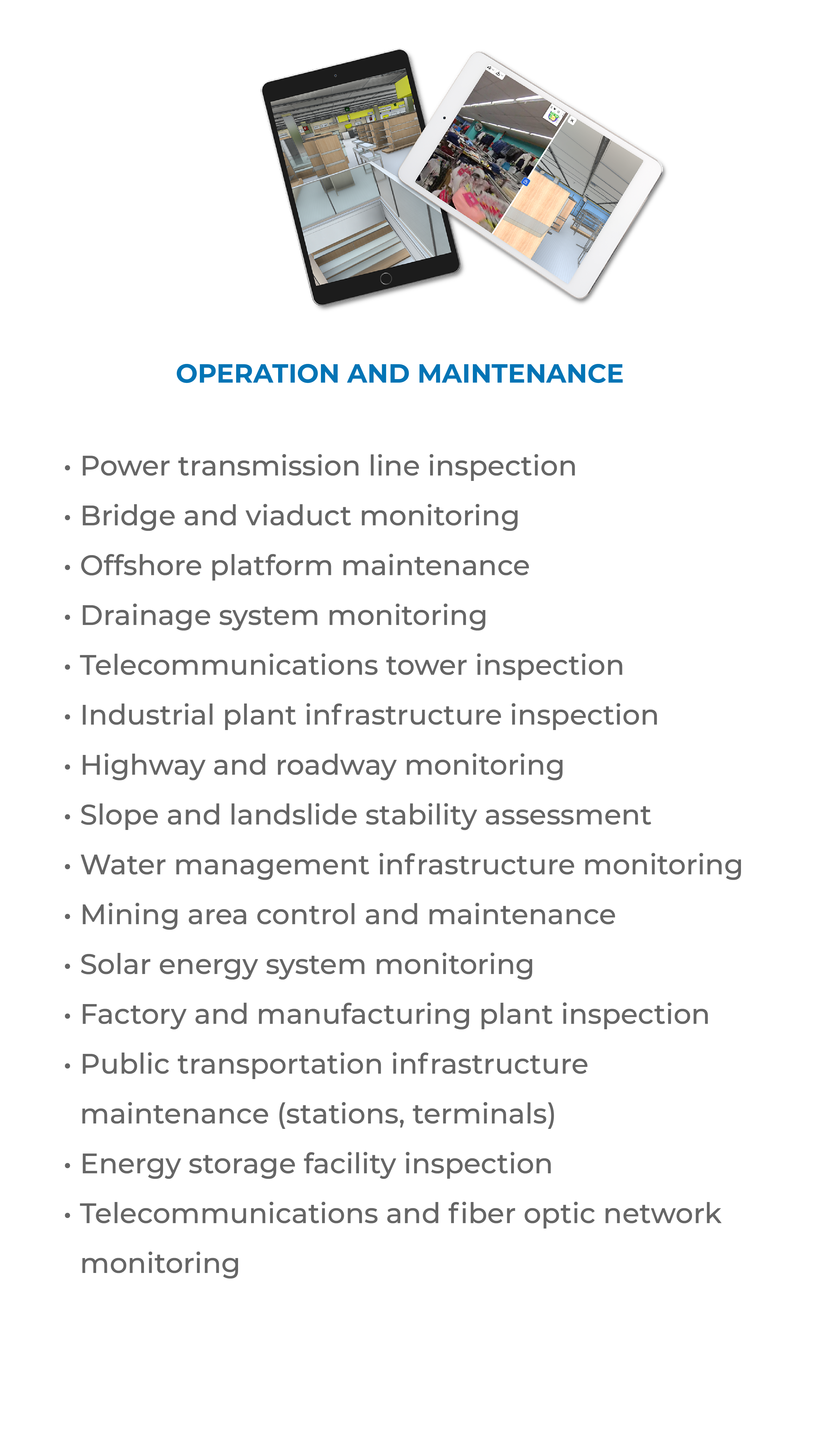 Two tablets displaying infrastructure images sit above a list titled Operation and Maintenance, detailing tasks like inspection and monitoring for bridges, power lines, highways, factories, and telecommunications using a Laser Scanner for Construction.