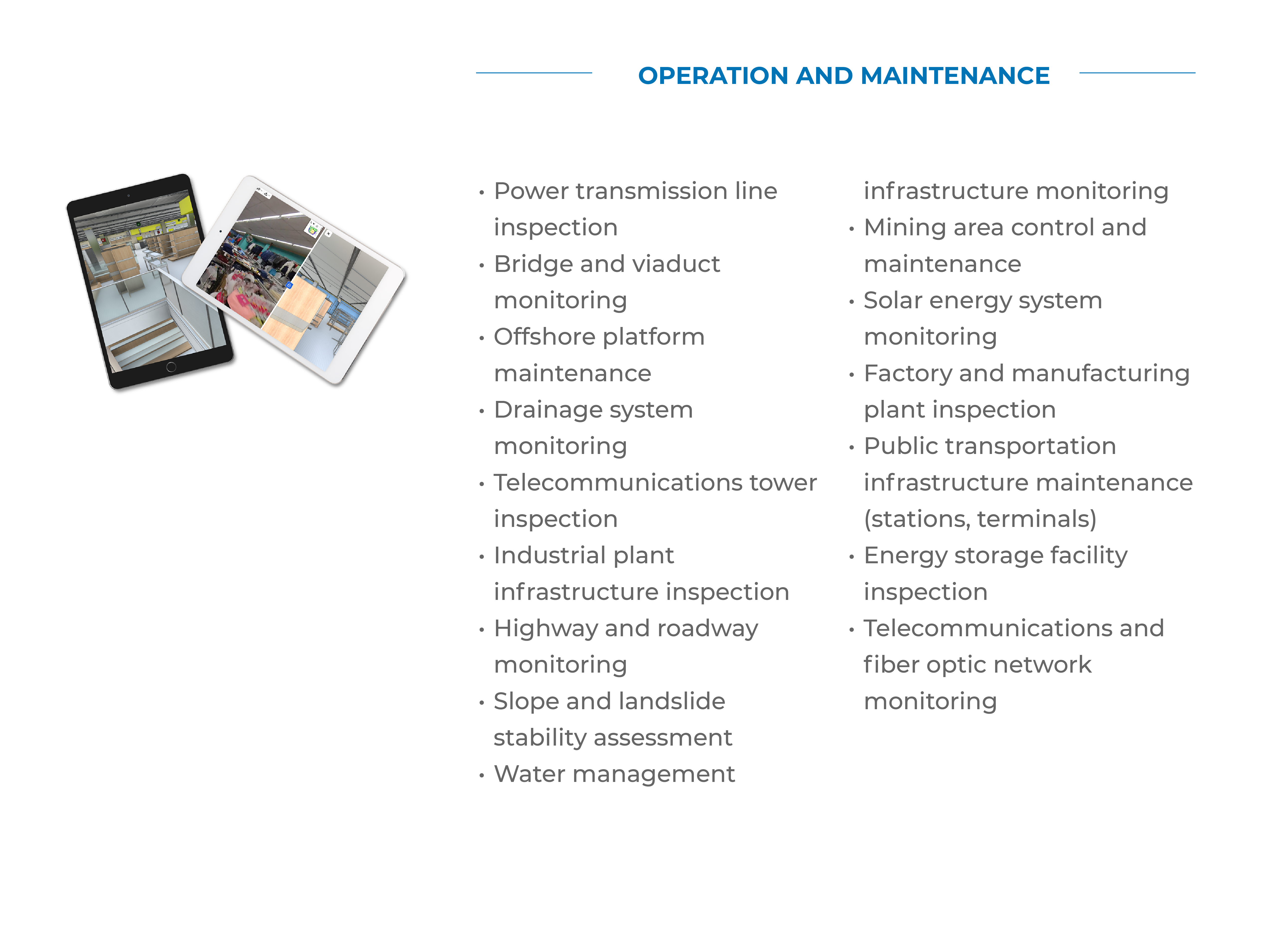Two tablets display inspection images. Next to them, a list titled Operation and Maintenance includes tasks such as line inspection, transportation, monitoring, plant inspection—with support from a Laser Scanner for Construction—energy, and water management.
