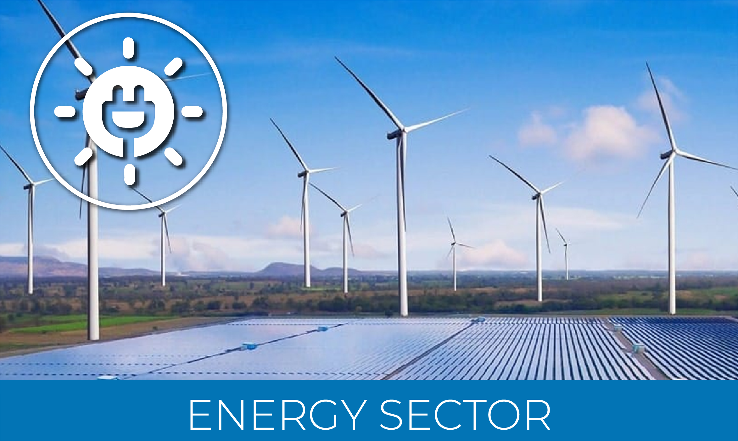 A field of wind turbines and solar panels under a blue sky, with an energy icon, the text ENERGY SECTOR, and a Laser Scanner for Construction featured at the bottom of the image.