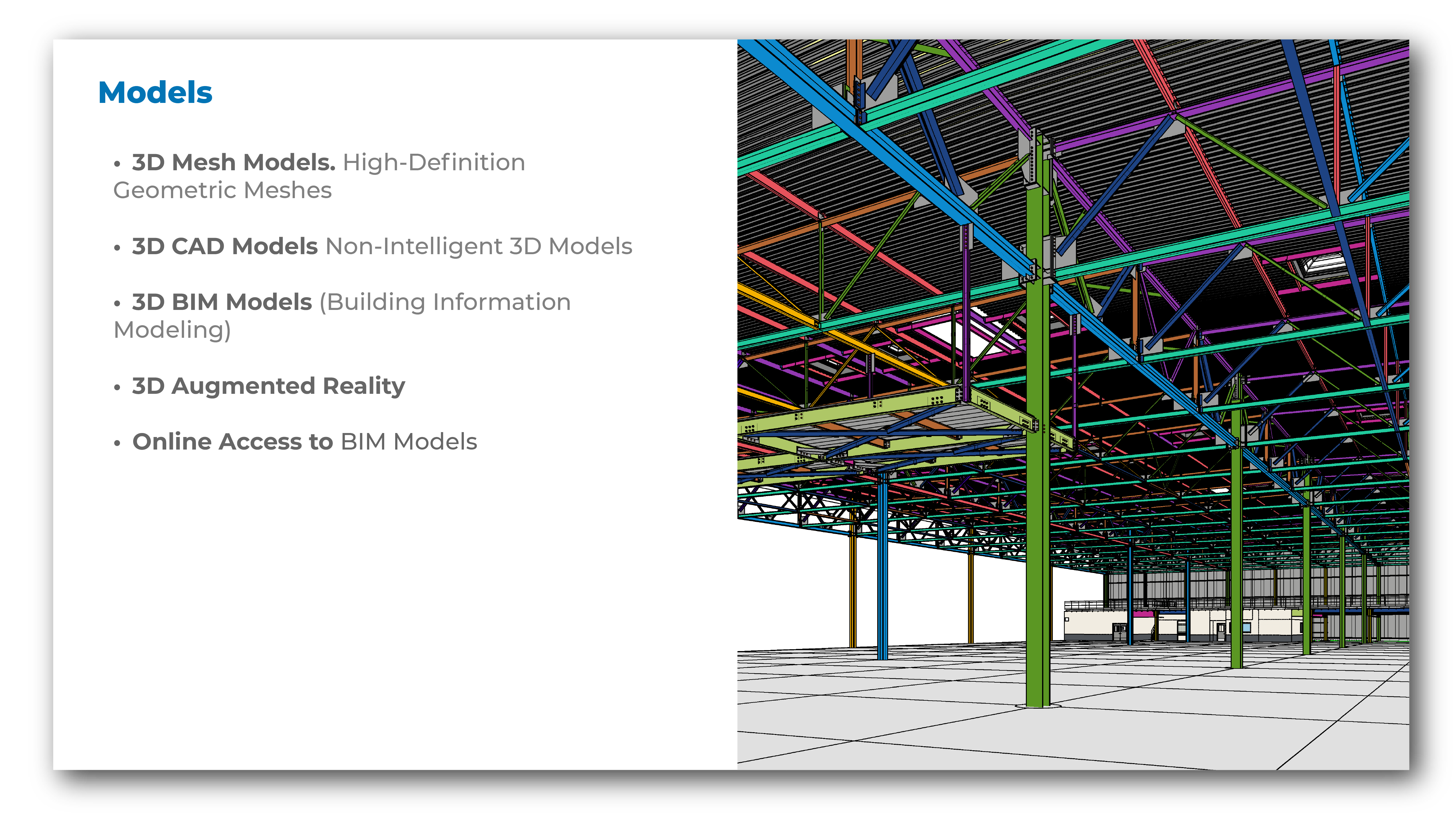 Una diapositiva muestra un modelo estructural 3D de la estructura de un edificio a la derecha, con un texto a la izquierda que explica los tipos de modelos -Malla 3D, CAD, Modelos BIM, Realidad Aumentada 3D, acceso BIM en línea- mejorados por Escáner Láser LiDAR para la Construcción.
