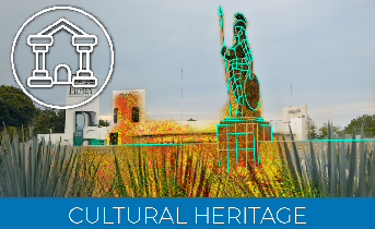A digital outline of a warrior statue, captured with a Laser Scanner for Construction, stands in front of a building surrounded by plants. An icon of a museum is in the upper left corner, with CULTURAL HERITAGE on a blue banner below.