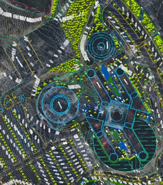 Un mapa colorido y detallado con estructuras circulares azules delineadas, árboles verdes, marcadores blancos y varias líneas que muestran la topografía y las divisiones del terreno, posiblemente creado utilizando un Escáner Láser LiDAR para la Construcción para una planificación precisa del paisaje o el urbanismo.