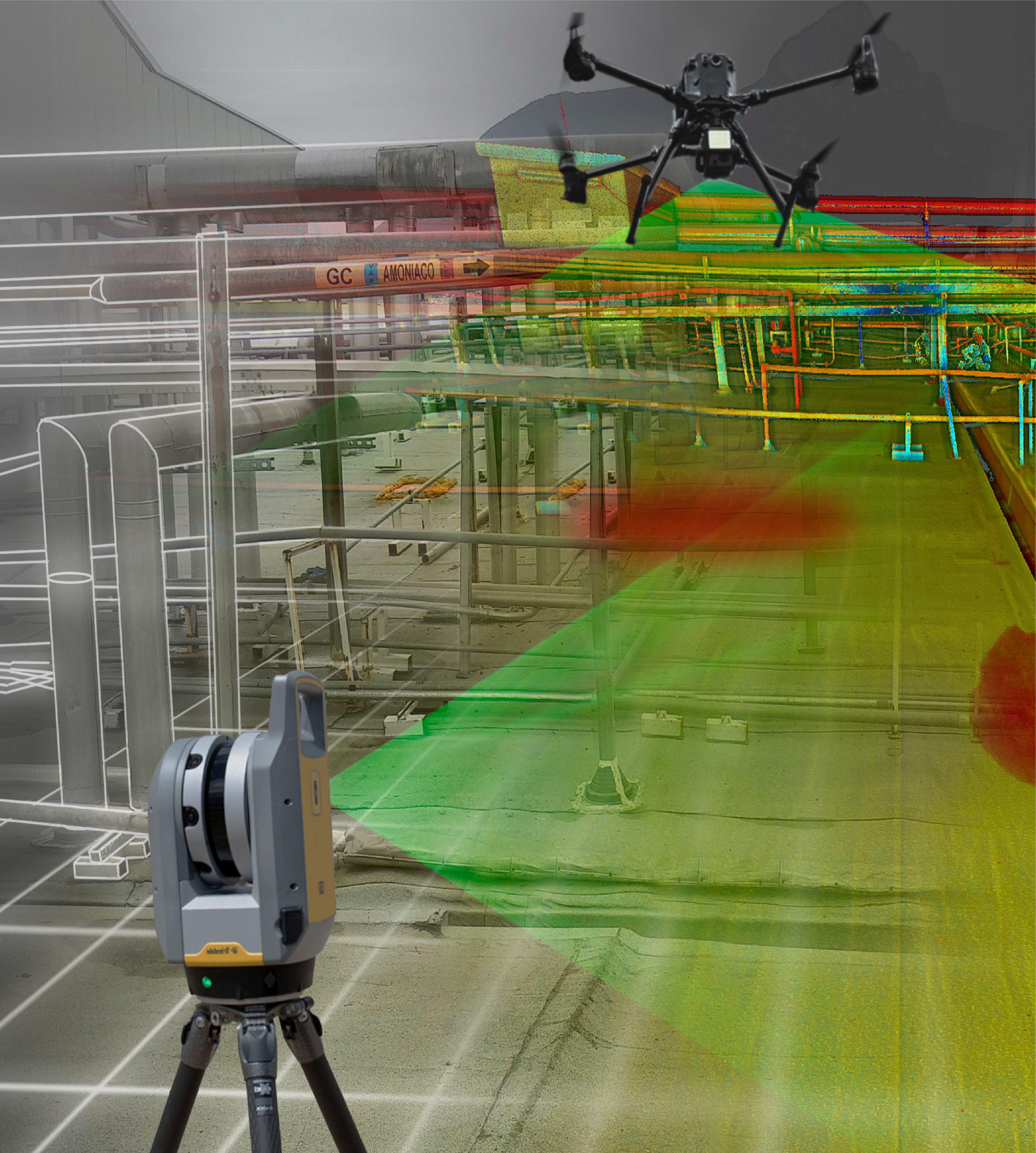 Un dron y un escáner láser LiDAR en Monterrey capturan datos en 3D de un polígono industrial, combinando una trama en escala de grises con una vibrante visualización digital de nubes de puntos para obtener una visión detallada de la escena.