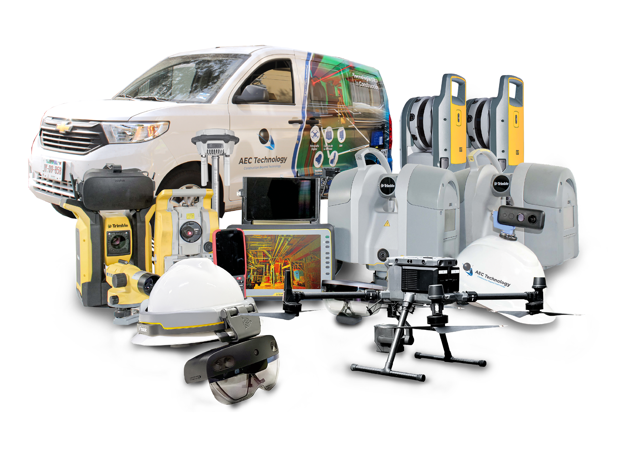 Varios equipos avanzados de topografía y cartografía, incluidos dispositivos LiDAR en Monterrey, drones, escáneres, tabletas, cascos y más herramientas de alta tecnología, se exponen delante de una furgoneta rotulada con la marca AEC Technology.