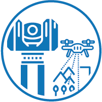 Blue and white icon showing a surveillance camera and a drone scanning a landscape with trees and hills, representing captura de la realidad through advanced monitoring or mapping technology.