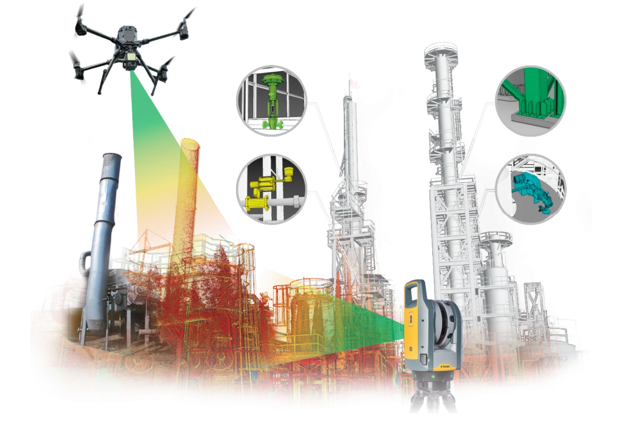 Un dron y un escáner LiDAR escanean en 3D una planta industrial y muestran nubes de puntos coloreadas y modelos 3D detallados. Los recuadros muestran vistas ampliadas de la maquinaria y los componentes estructurales.