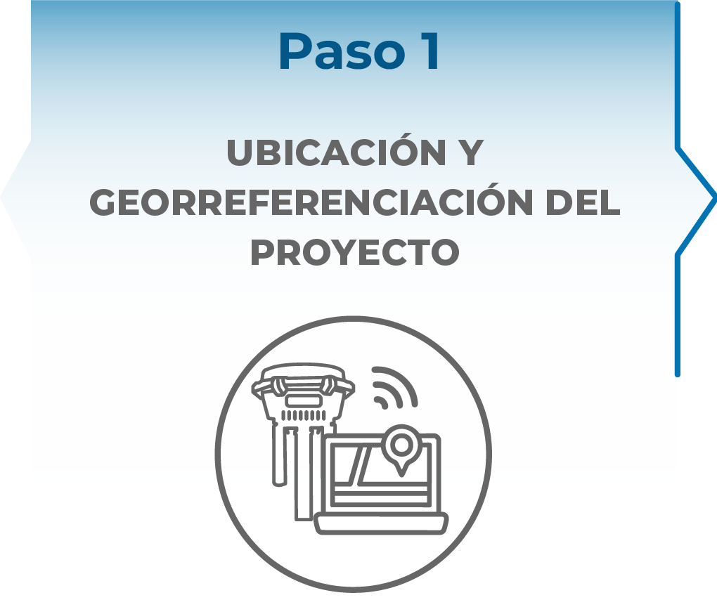 Banner en degradado azul con el texto Paso 1: Ubicación y Georreferenciación del Proyecto. Debajo hay un icono de un ordenador portátil con una chincheta de localización, un dron y elementos industriales LiDAR, que destacan el posicionamiento geográfico preciso del proyecto.