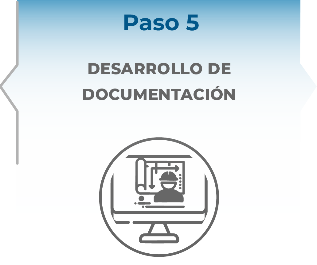 Un gráfico con el título Paso 5: Desarrollo de documentación y un icono de un monitor de ordenador en el que aparece una persona con gráficos y diagramas, que representa el desarrollo de documentación para proyectos industriales LiDAR.