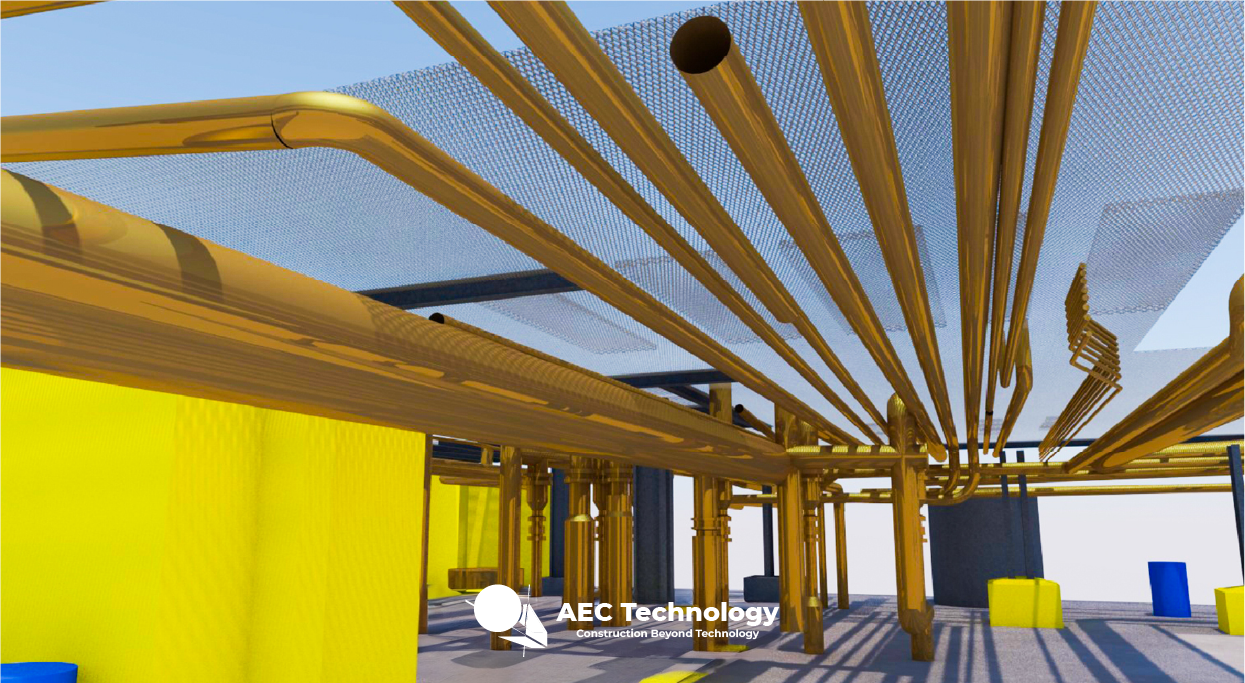 Renderizado digital del interior de un edificio que muestra complejos sistemas de calefacción, ventilación y aire acondicionado y tuberías en amarillo y dorado, capturados con precisión industrial LiDAR. Elementos estructurales azules y amarillos y un techo de malla completan la escena. El logotipo de AEC Technology aparece en la parte inferior central.