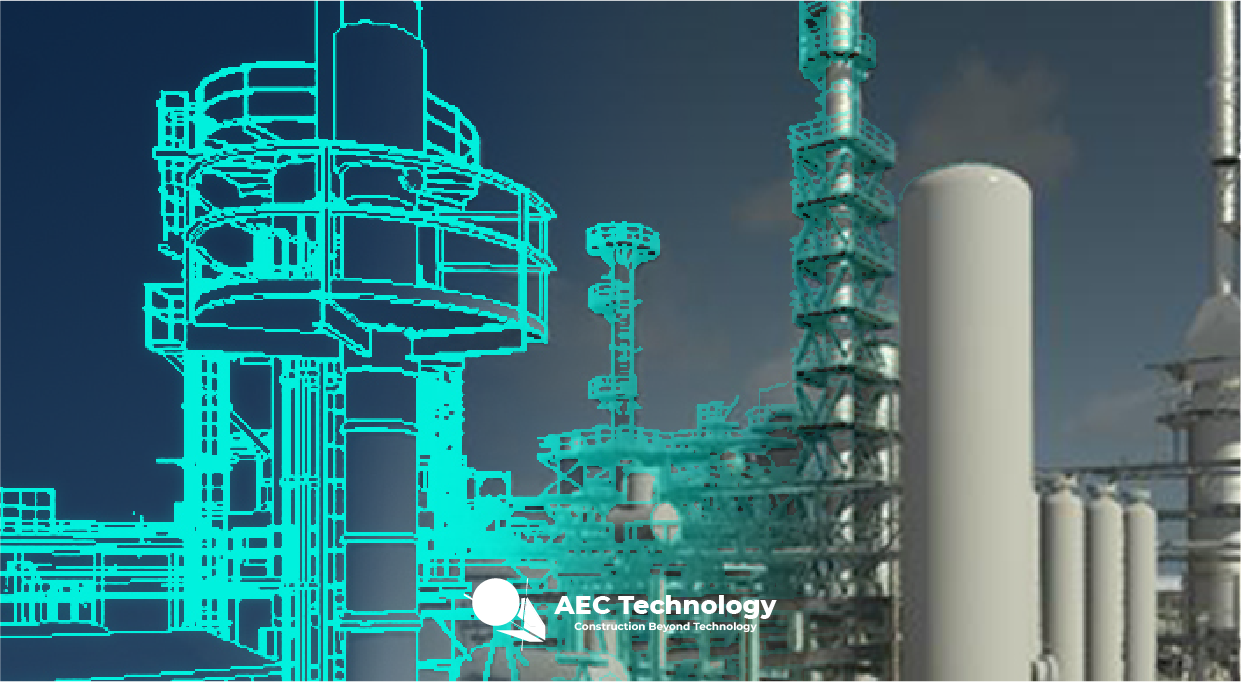 Una imagen dividida muestra un modelo alámbrico industrial LiDAR a la izquierda y un renderizado realista de fábricas similares a la derecha, con el logotipo de AEC Technology en la parte inferior central.