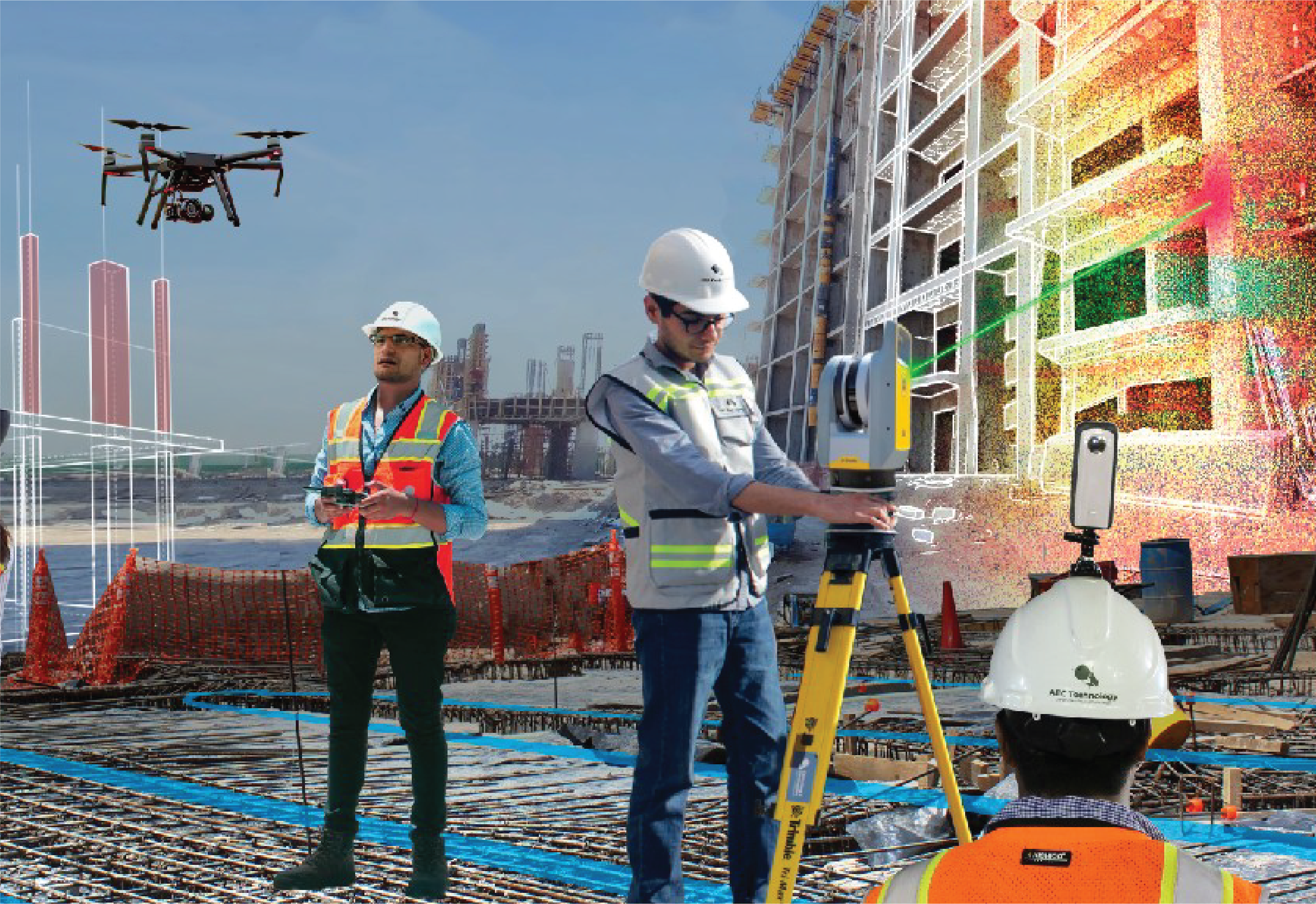 Tres trabajadores de la construcción con chalecos y cascos de seguridad utilizan equipos topográficos en una obra, ayudados por tecnologías avanzadas como un dron volador y superposiciones digitales, para documentar el entorno físico y los planos arquitectónicos.