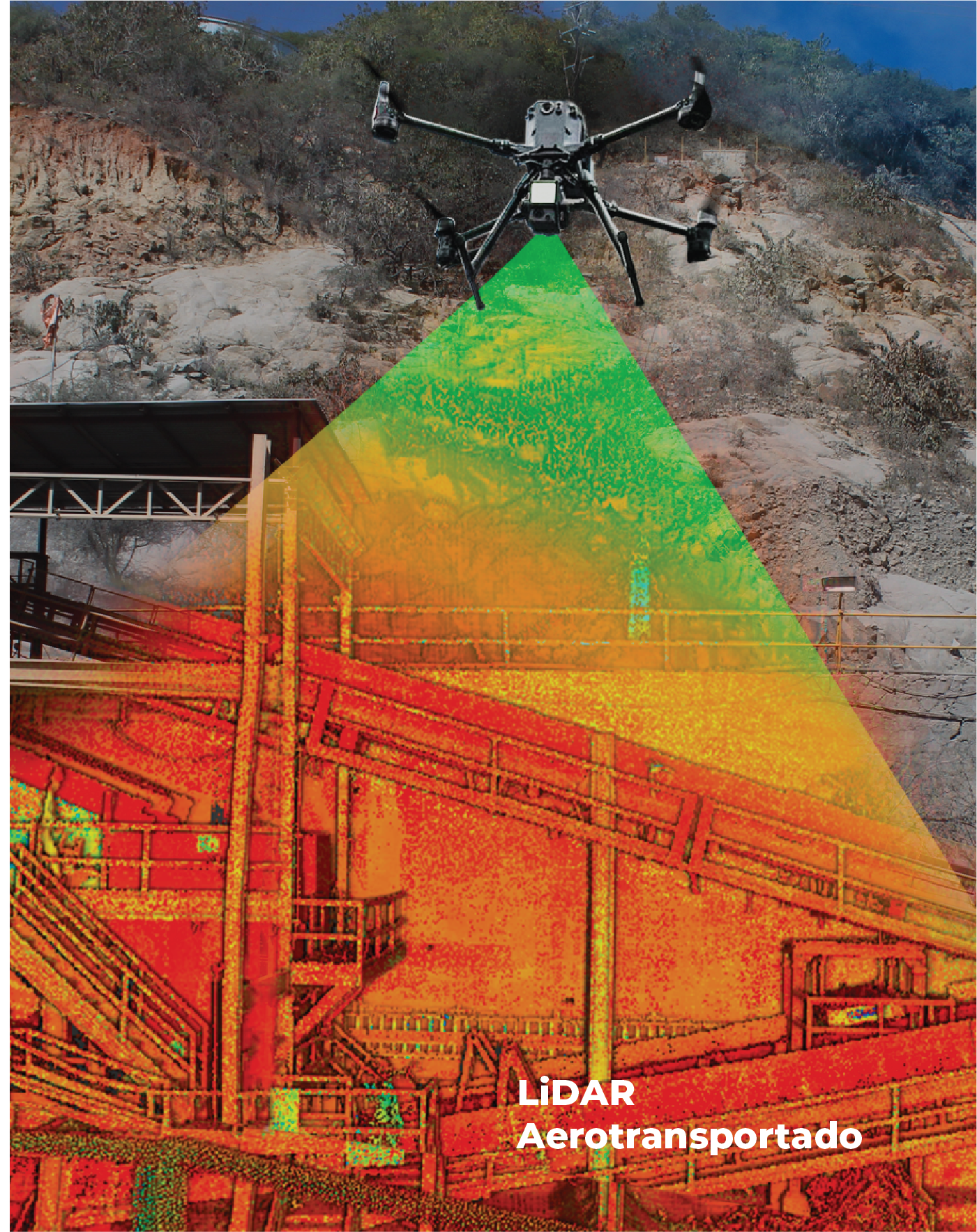 Un dron sobrevuela una zona industrial rocosa y proyecta un haz verde que revela un colorido escaneado LiDAR de las estructuras situadas debajo, mostrando cómo las tecnologías avanzadas ayudan a documentar el entorno físico. El texto dice: "LiDAR Aerotransportado".