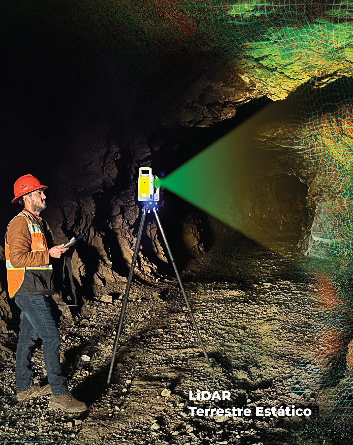 Una persona con equipo de seguridad se encuentra en una cueva oscura manejando un escáner LIDAR montado en un trípode, utilizando tecnologías avanzadas para documentar el entorno físico. El texto de la parte inferior dice "LIDAR Terrestre Estático".