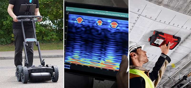 Tres imágenes: una persona utiliza en exteriores tecnologías avanzadas como el radar de penetración en el suelo; un primer plano de los resultados del escaneado capta la realidad bajo la superficie; un trabajador documenta el entorno físico con un escáner de mano en un plano de un techo interior.