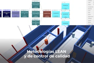 Un diagrama de Gantt y un modelo de edificio en 3D ilustran las fases de construcción, realzadas por Fotografía Digital Técnica. El texto superpuesto en español dice: Metodologías LEAN y de control de calidad, que indica metodologías LEAN y de control de calidad.