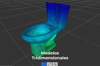 Modelo 3D de nube de puntos de un aseo representado en azul y verde sobre una cuadrícula oscura. El texto que aparece debajo dice Modelos Tridimensionales.