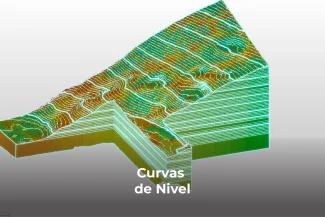 Modelo 3D de un terreno con curvas de nivel en verde, blanco y marrón, que muestran los cambios de elevación. Las palabras Curvas de Nivel aparecen en la parte inferior sobre un fondo gris