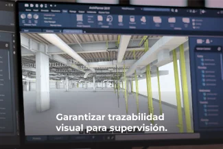 Monitor de ordenador que muestra un modelo arquitectónico en 3D en un programa de diseño, con texto en español superpuesto: Garantizar trazabilidad visual para supervisión. Ejemplo de Fotografía Digital Técnica aplicada al diseño arquitectónico.
