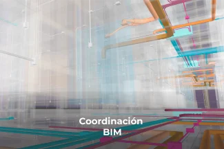 Técnica Fotografía Digital de un interior muestra coloridos ductos 3D que representan la coordinación BIM (Building Information Modeling). Texto inferior: "Coordinación BIM".