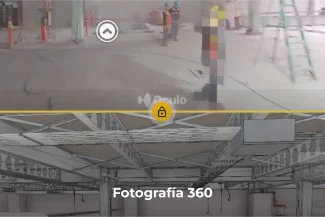 Vista dividida: la mitad superior muestra una foto 360 de trabajadores de la construcción en el interior de un edificio, mientras que la mitad inferior muestra un modelo digital en 3D mediante Fotografía Digital Técnica, etiquetado Fotografía 360.