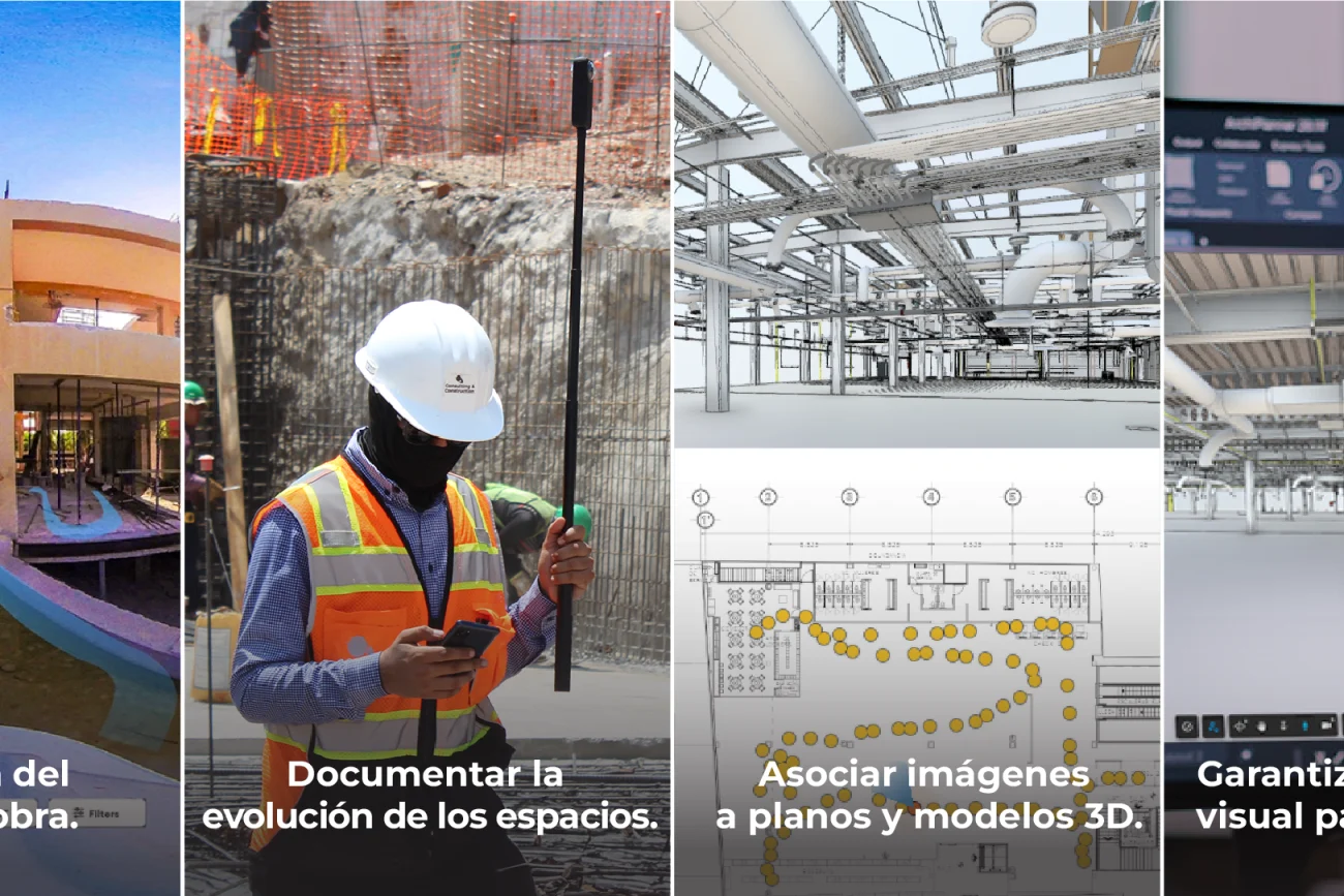 Cuatro paneles ilustran la Fotografía Digital Técnica en acción: una obra en construcción, un obrero inspeccionando un muro, un modelo de edificio en 3D con esquemas y una mano utilizando una pantalla táctil, cada uno de ellos mostrando las fases clave de la inspección y supervisión de la construcción.