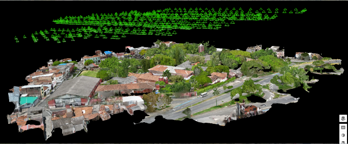 Un mapa digital en 3D de un barrio suburbano muestra casas, carreteras y árboles. Los marcadores y contornos verdes ilustran los puntos de referencia cartografiados, mostrando Fotografía Digital Técnica sobre un fondo negro.