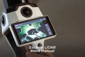 Primer plano de un escáner LiDAR portátil con una pantalla que muestra un escaneado 3D en color, destacando la avanzada tecnología LiDAR. El texto en la parte inferior dice: Escáner LiDAR Móvil Manual.