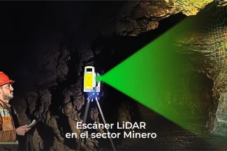 Un trabajador maneja un escáner LiDAR en el interior de una mina, proyectando un láser verde sobre la pared rocosa. Texto en la parte inferior: Tecnología LiDAR en el sector Minero.