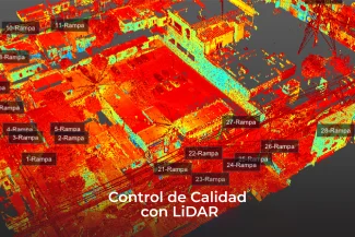 Nube de puntos 3D generada por LiDAR de una instalación, etiquetada con secciones numeradas. El texto Control de Calidad con Tecnología LiDAR aparece superpuesto en la parte inferior central. La imagen utiliza gradientes de color rojo, verde, azul y amarillo.