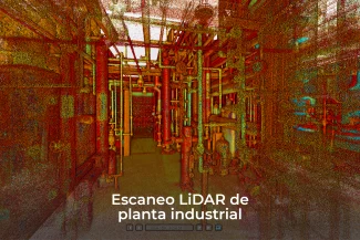 Escaneado LiDAR del interior de una planta industrial que muestra tuberías y estructuras de equipos detalladas, con el texto en español "Escaneo LiDAR de planta industrial" y un guiño a la avanzada Tecnología LiDAR en la parte inferior.
