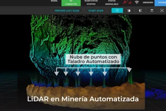 Captura de pantalla de datos de escaneado LiDAR 3D en software de minería, que muestra una nube de puntos coloreada etiquetada como "Nube de puntos con Taladro Automatizado", con "Tecnología LiDAR en Minería Automatizada" en la parte inferior.