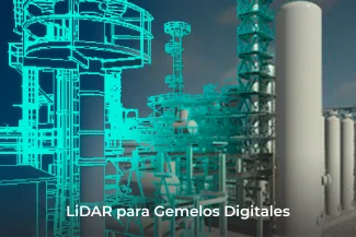 Un renderizado digital y una planta industrial real se mezclan, ilustrando cómo la tecnología LiDAR permite la creación de gemelos digitales. El texto de la parte inferior dice: LiDAR para Gemelos Digitales.