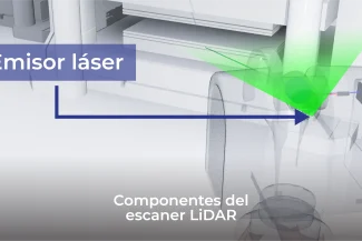 Diagrama en primer plano de un escáner LiDAR de Tecnología que muestra un emisor láser etiquetado que emite un haz verde. Componentes del escáner LiDAR en la parte inferior.