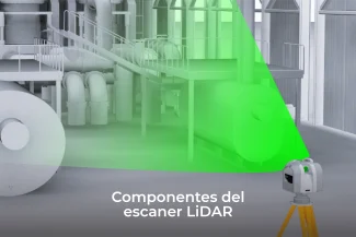 Un escáner LiDAR emite un abanico láser verde sobre equipos industriales dentro de una instalación, mostrando la tecnología LiDAR en acción. Texto en español en la parte inferior: Componentes del escáner LiDAR.
