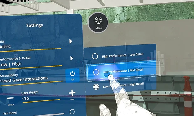 ChatGPT dijo: Una mano poligonal interactúa con un menú de configuración virtual en un entorno de realidad extendida, seleccionando “Rendimiento Medio | Detalle Medio”, mientras que otras opciones y controles deslizantes son visibles en la interfaz inmersiva superpuesta.