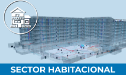 Digital rendering of a large residential building complex with blueprints overlaid. A white icon of a house appears in a circle at the top left, and SECTOR HABITACIONAL is written below in bold white letters on a blue background.